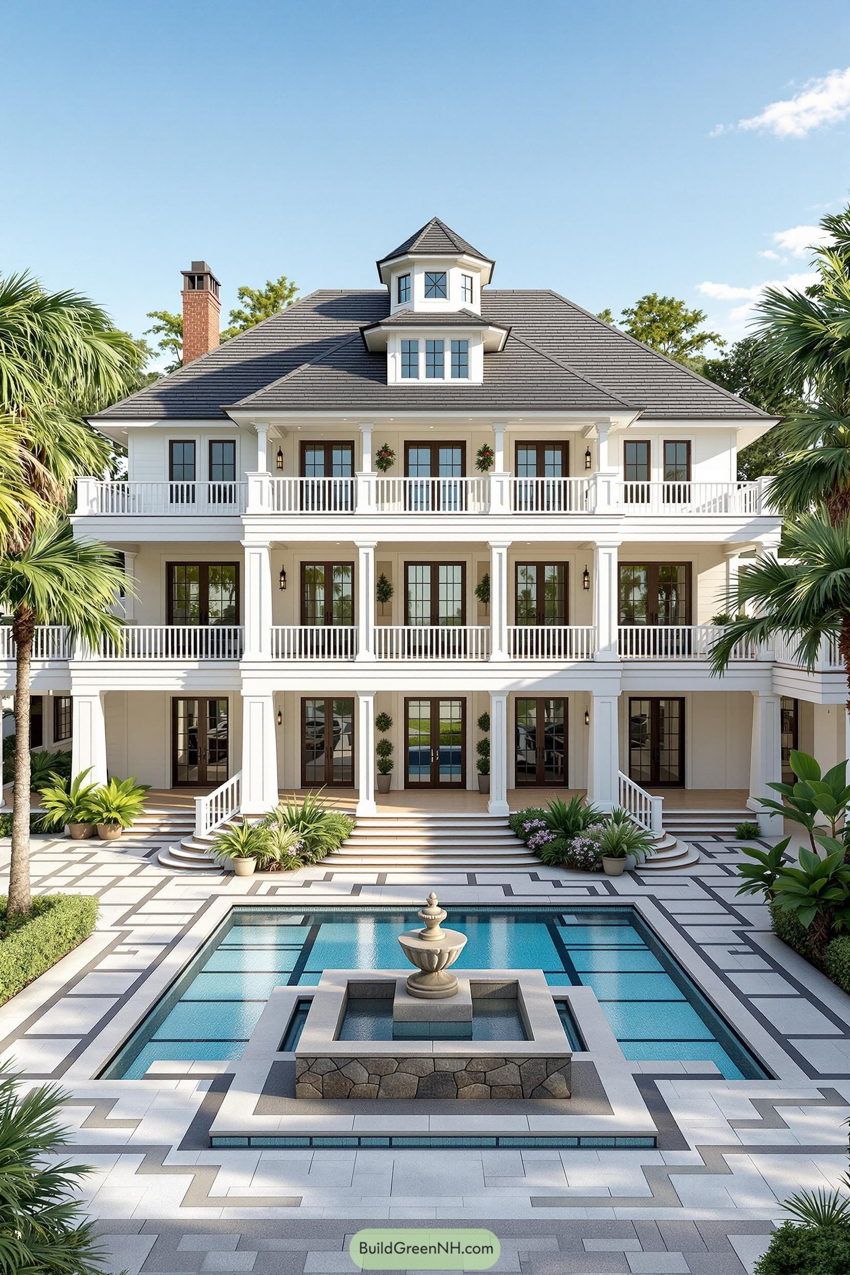 Grand tropical mansion with pool and palm trees
