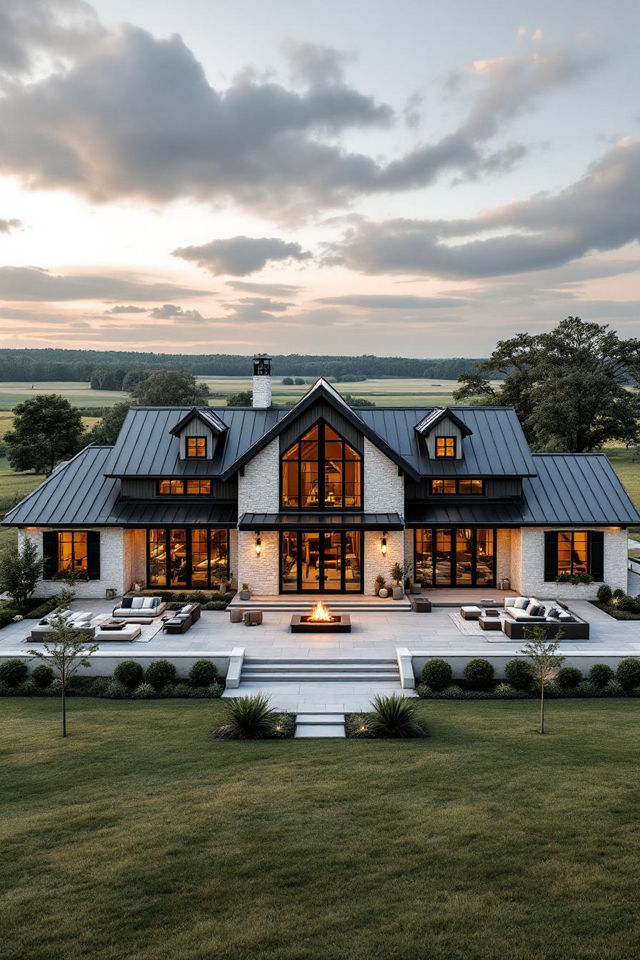 Chic barndominium with lit fire pit on a vast lawn