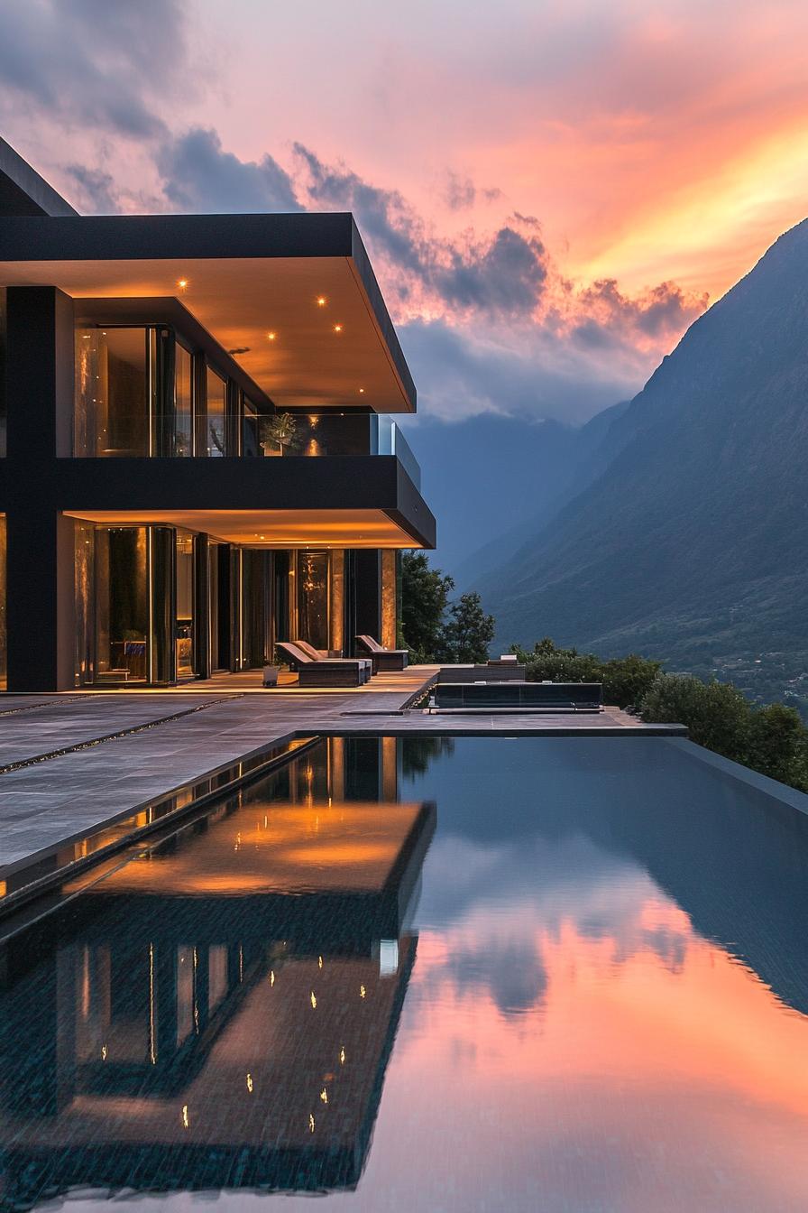 Luxurious modern house with mountain sunset view