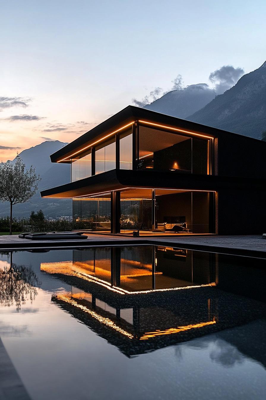 Modern black house with glowing lights reflecting in a pool at dusk