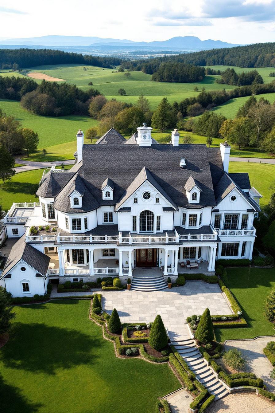 Elegant farmhouse mansion surrounded by lush green fields