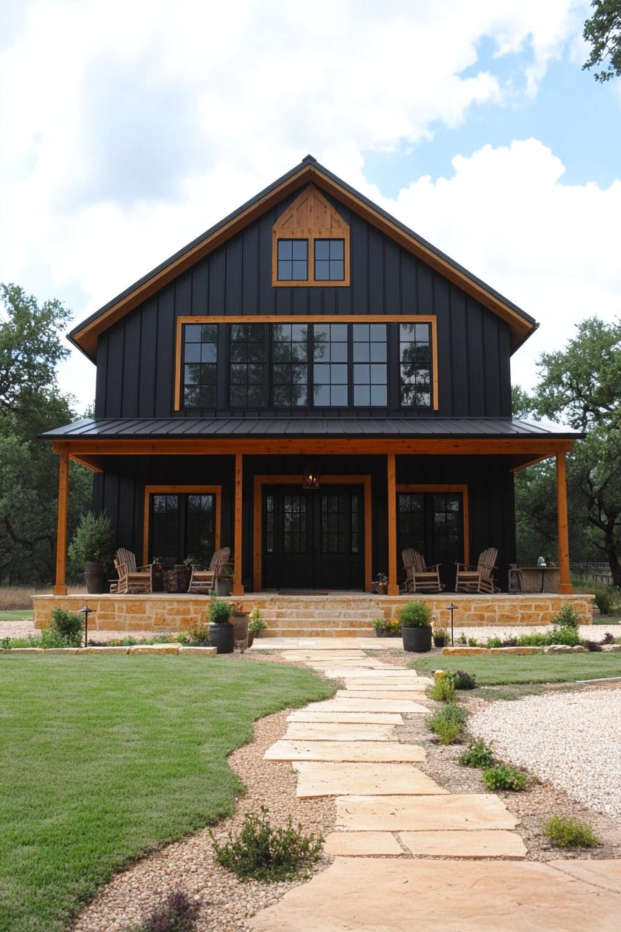 Stylish black barndominium with stone accents and a charming porch