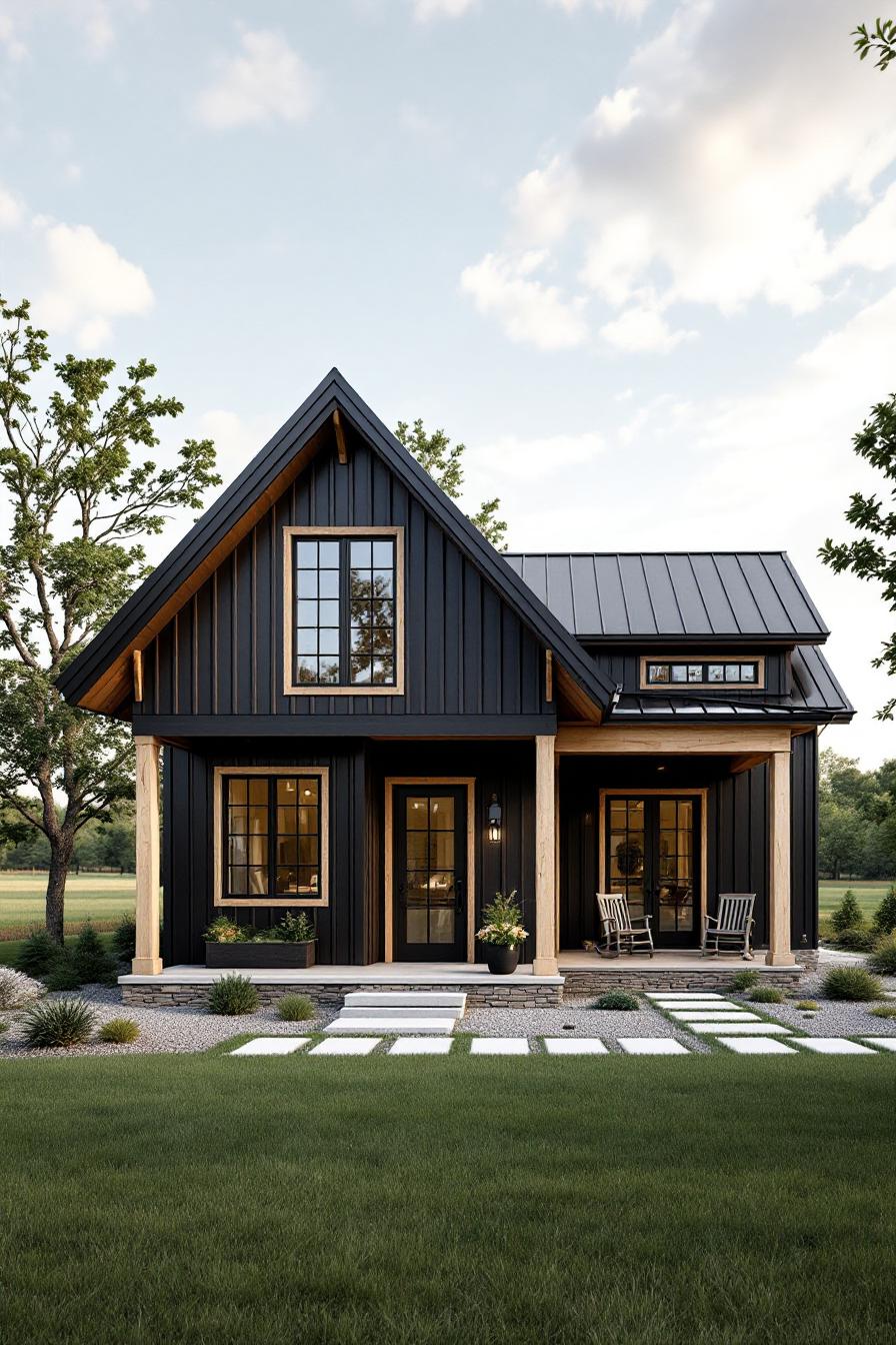 Charming black cottage with a lush lawn and inviting front porch