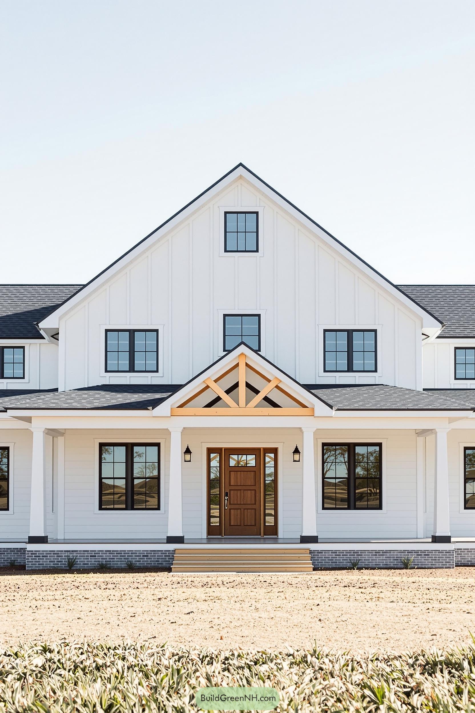 White farmhouse with black framed windows and wooden door