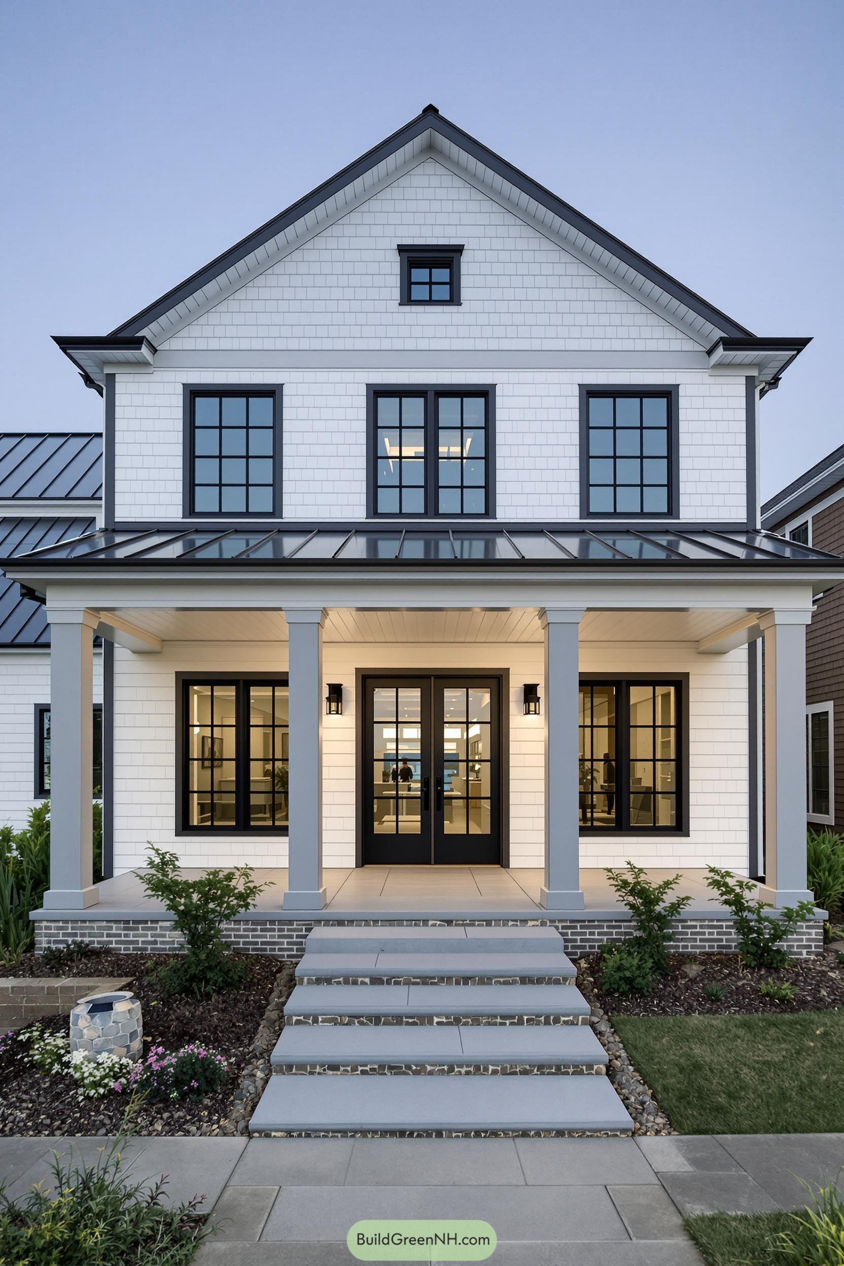 Modern farmhouse with black accents and a welcoming porch