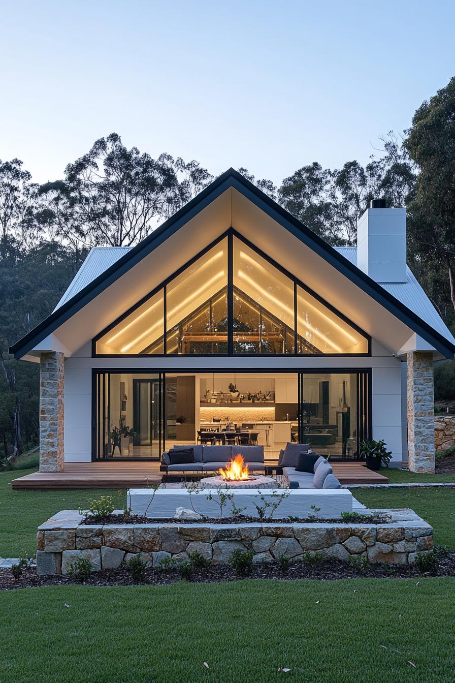 Contemporary house with large glass windows and outdoor fire pit