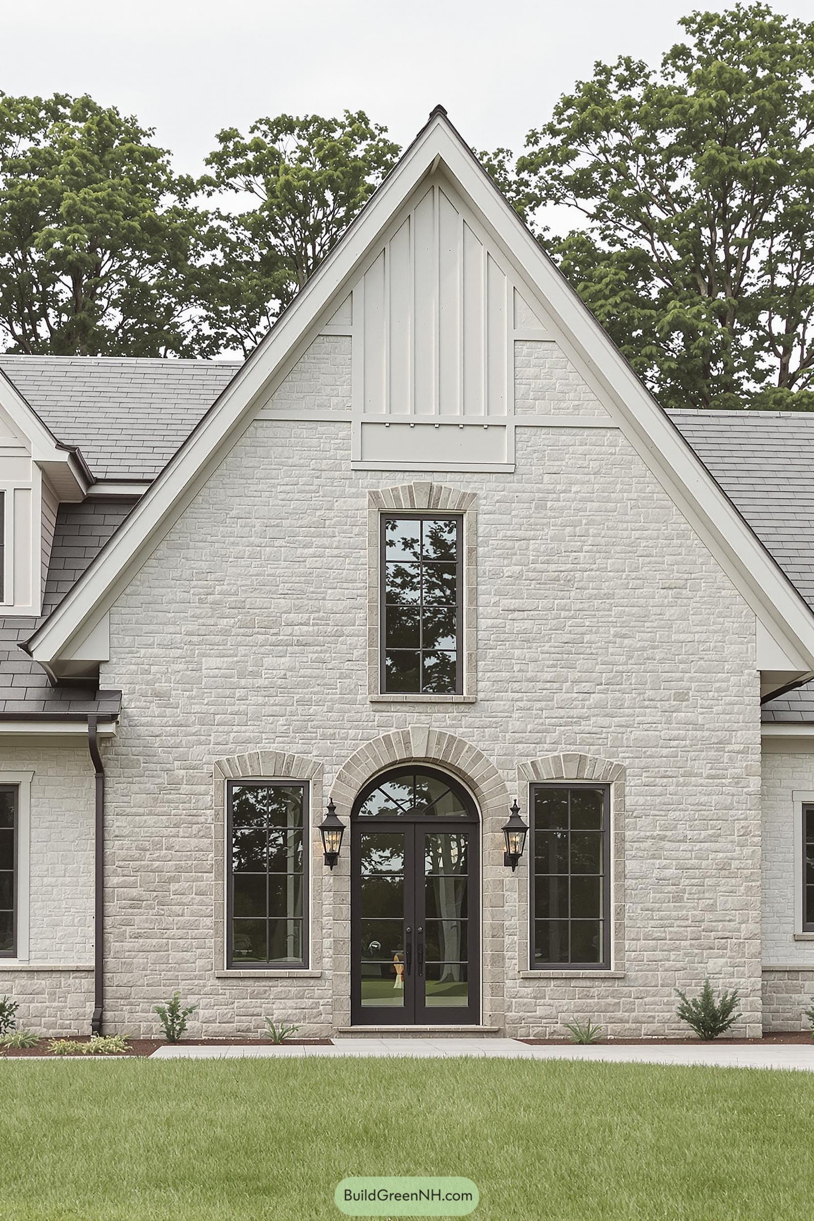Elegant stone house with large arched windows and a steep gable