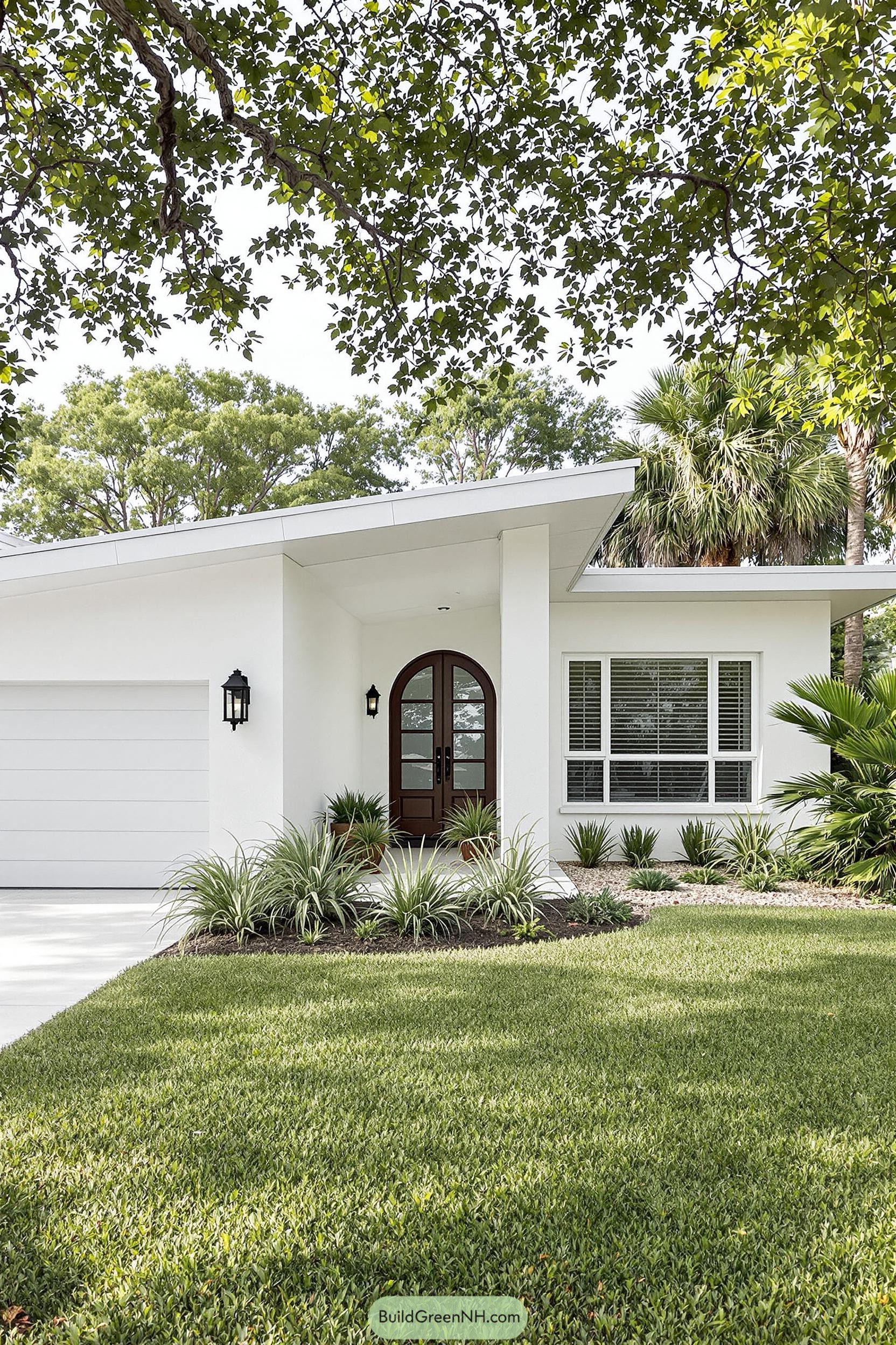 Modern bungalow with white walls and wide windows surrounded by lush greenery