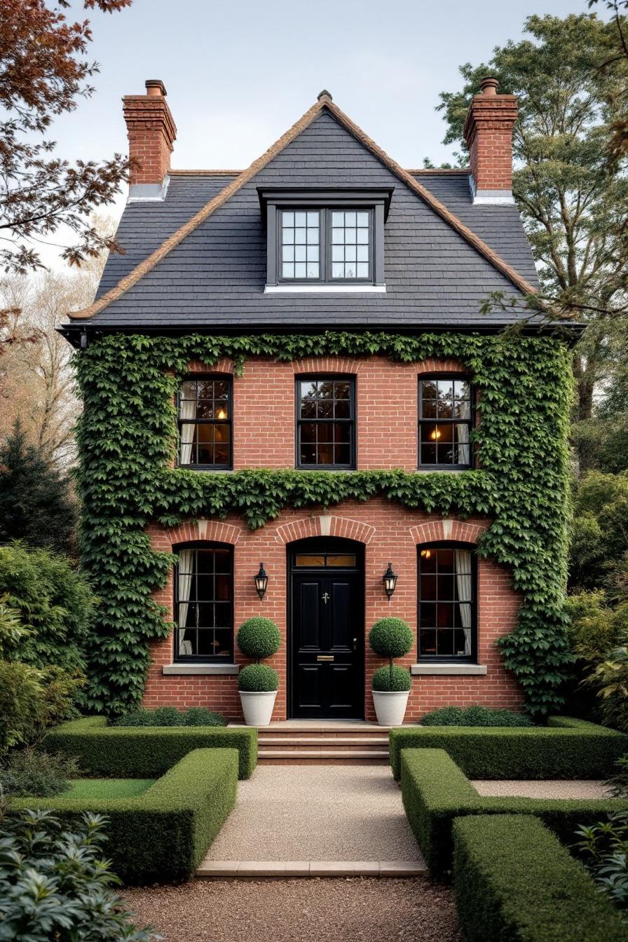 A Georgian cottage with a red brick facade and ivy
