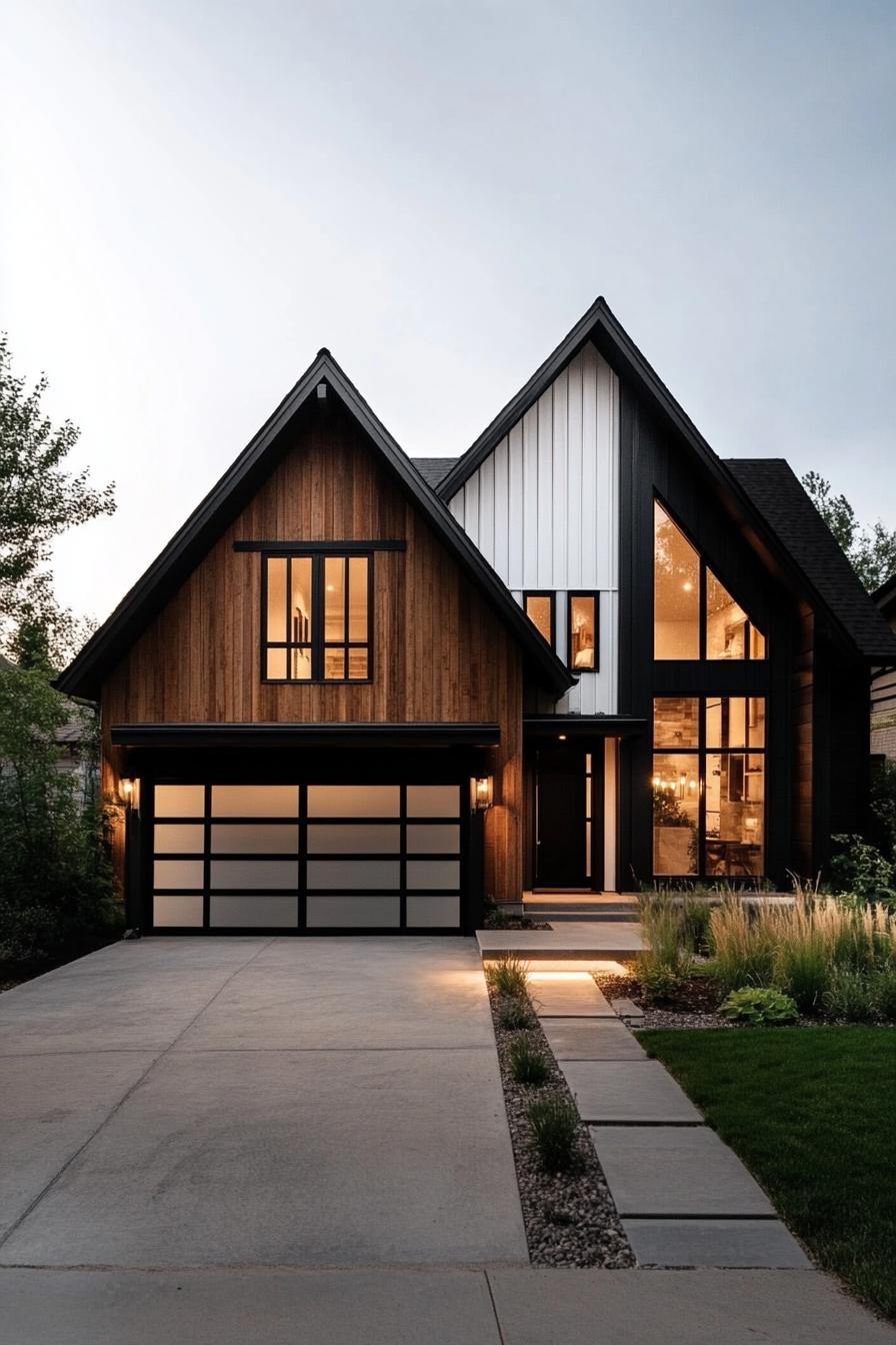 Modern wooden house with large windows and black accents