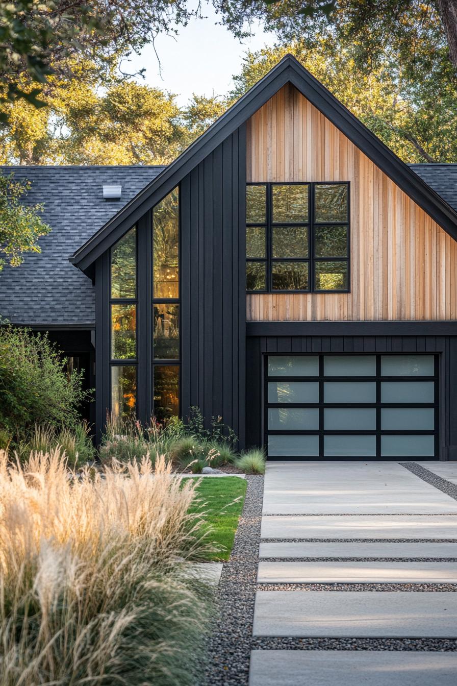 Scandinavian cottage with wooden and black paneling
