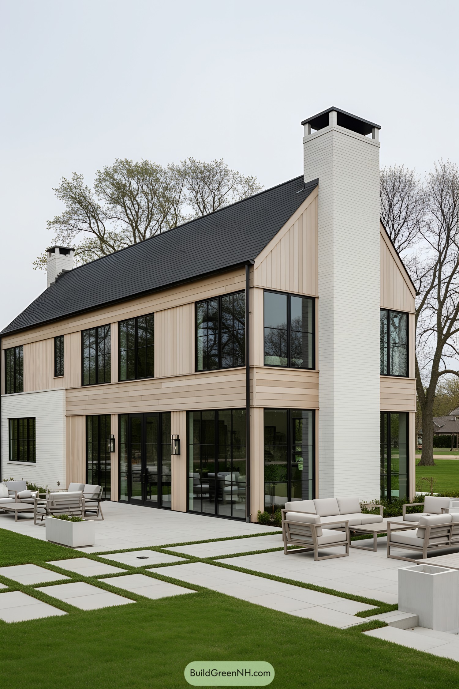Modern Scandinavian farmhouse with large glass windows and simple wooden design