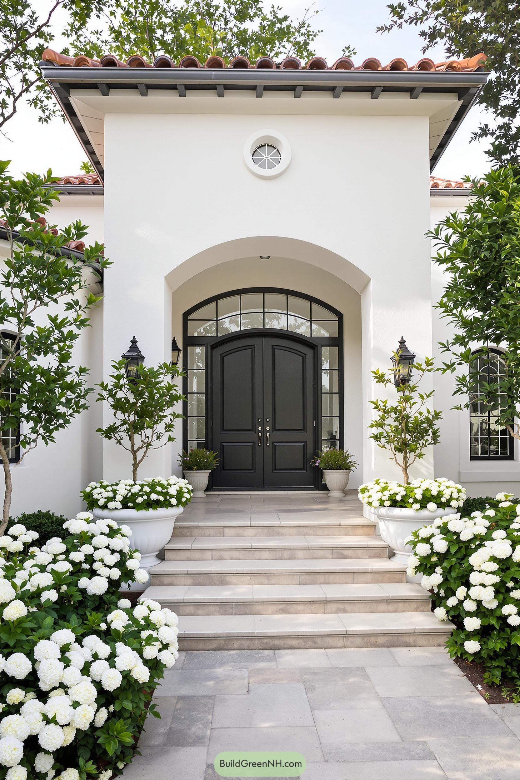 White stucco home with arch and lush greenery