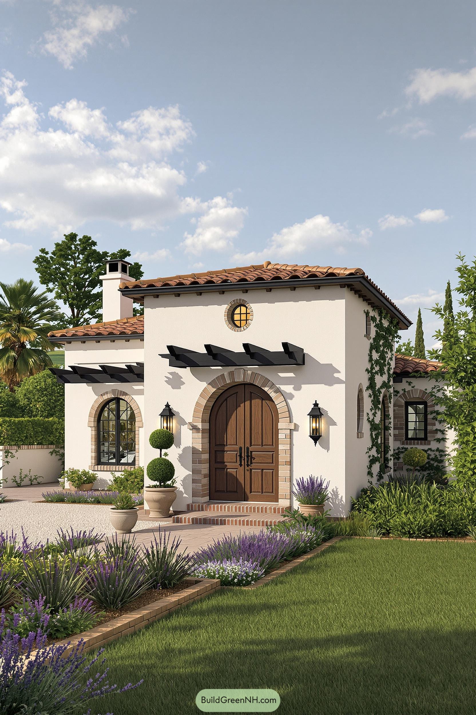 Charming Tuscan-style cottage with lush greenery and a wooden door