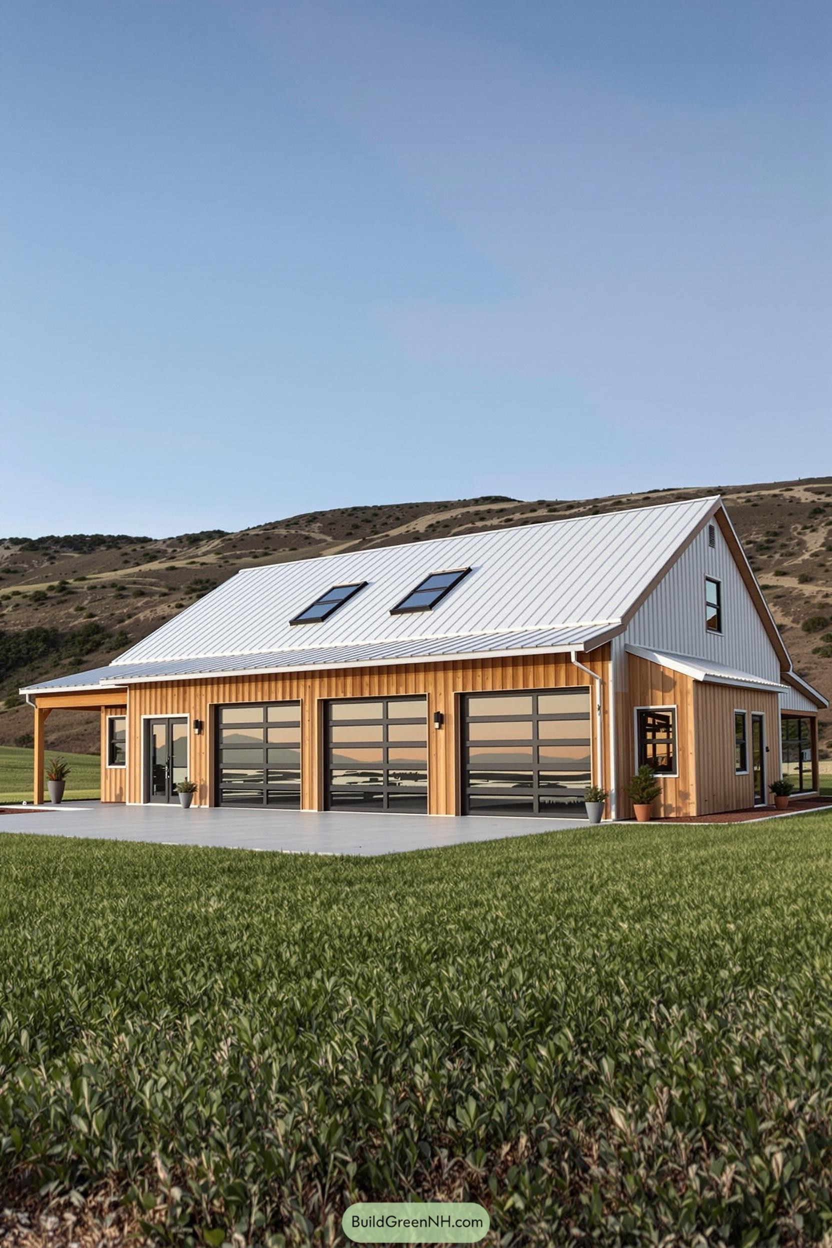 Wooden barndominium with large windows and sleek design