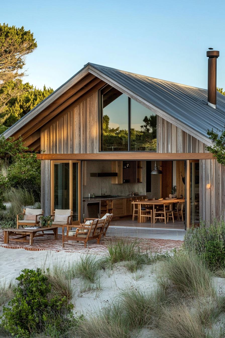 Wooden beach house with slanted roof and spacious outdoor seating