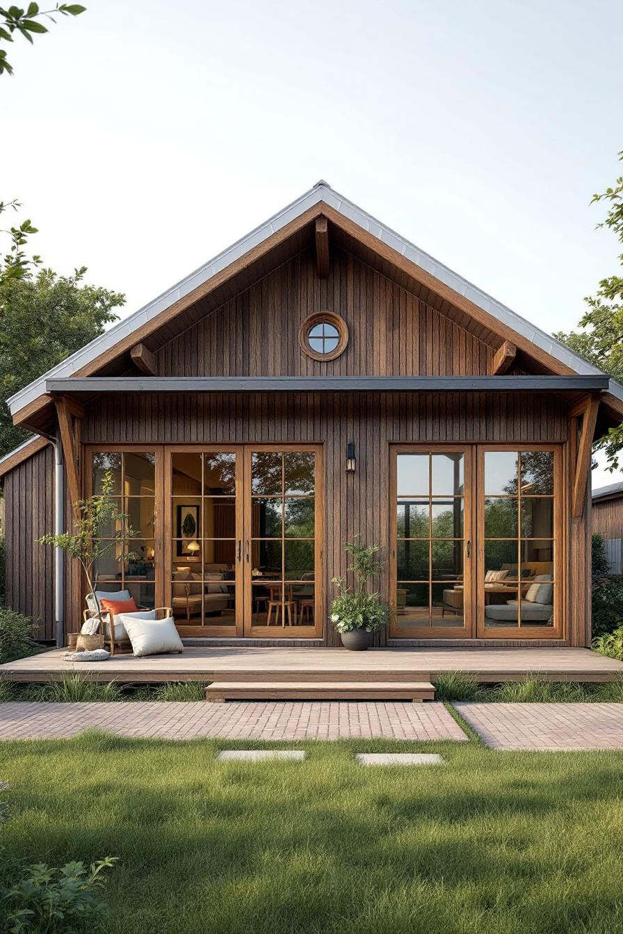 Wooden cabin with a triangular roof surrounded by nature