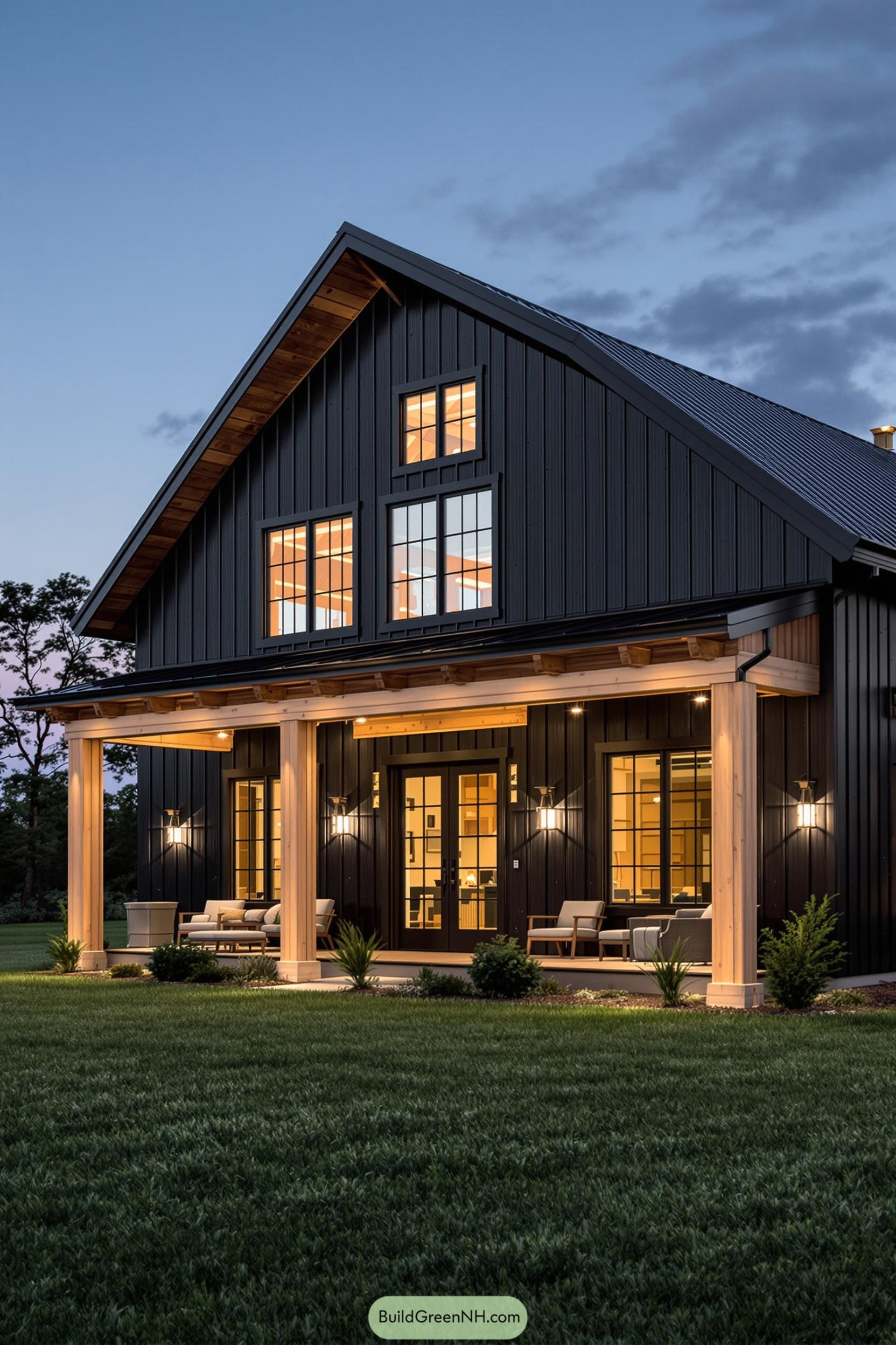 A striking black barn-style home at dusk
