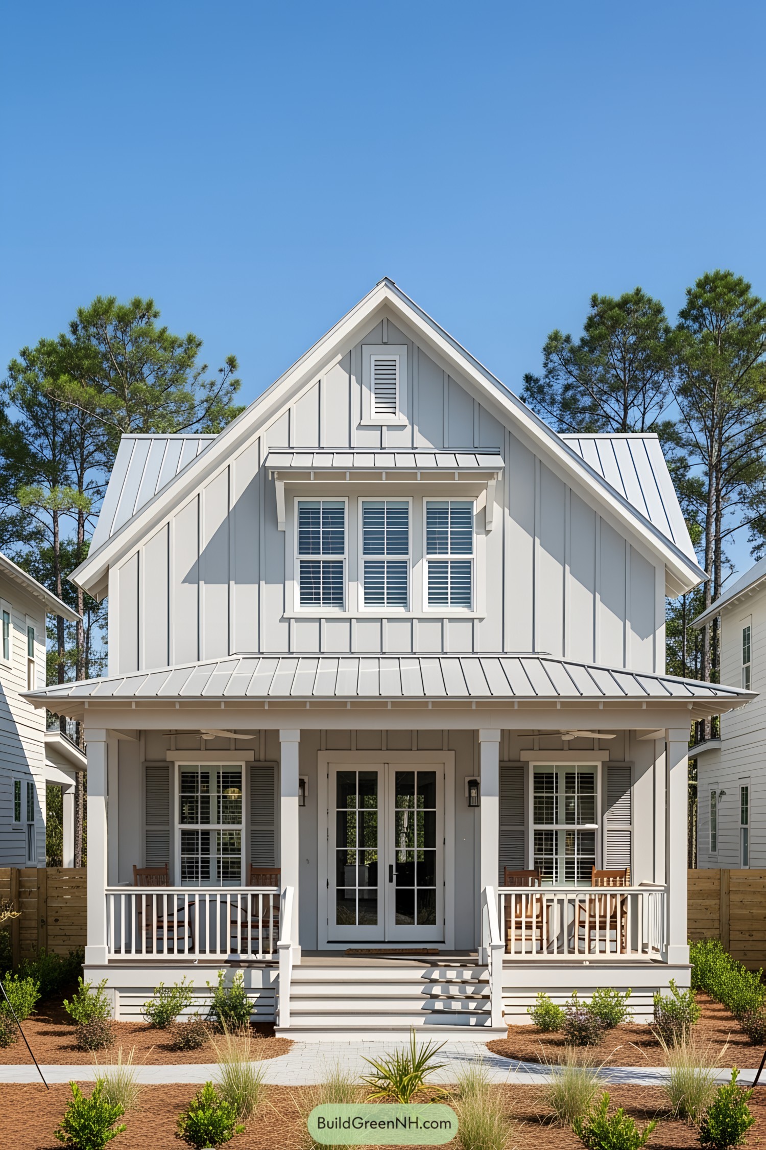 Compact coastal bungalow with white siding and covered porch
