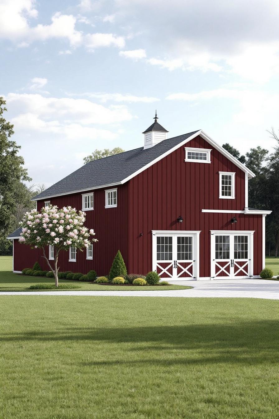 Red barn with white trim and large windows on a bright day