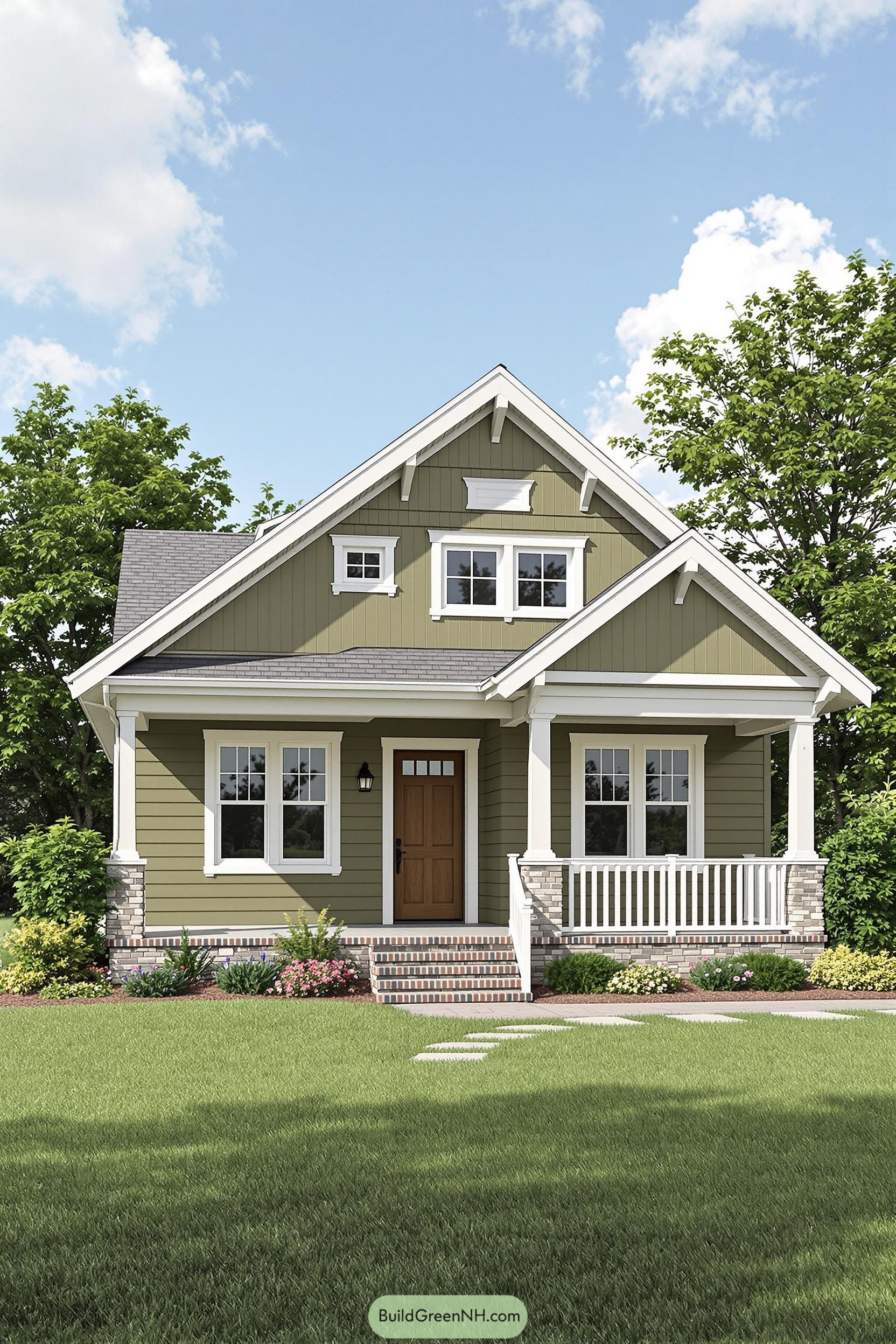 Charming country craftsman home with green siding and white trim