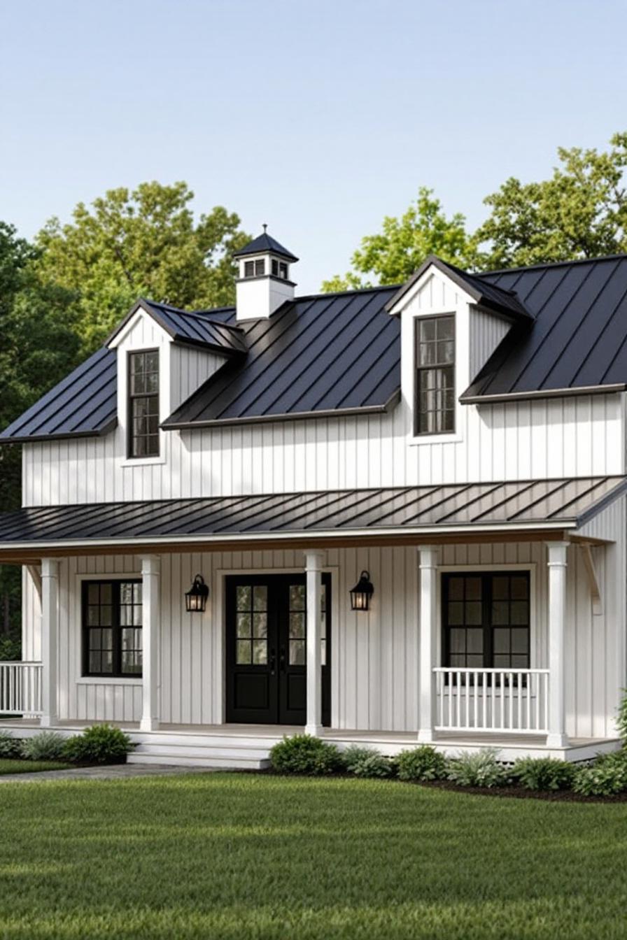 White house with black roof and cozy porch set in the countryside
