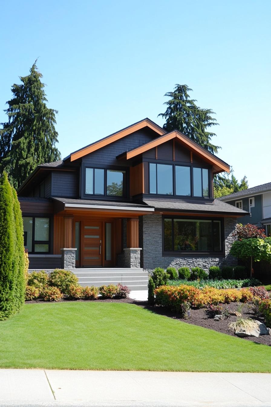 Contemporary craftsman home with wooden accents and large windows