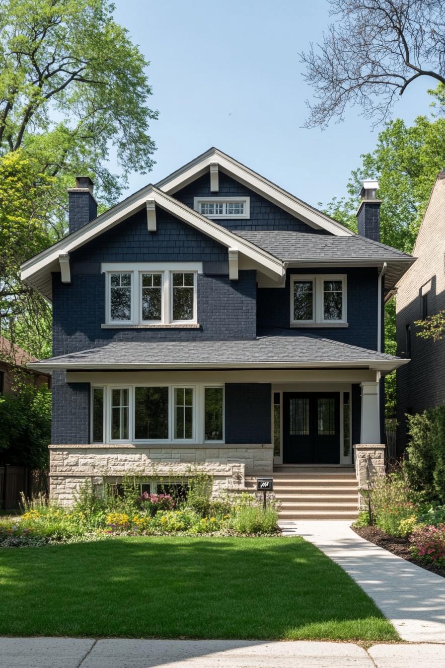 Contemporary craftsman home with dark brick and lush garden