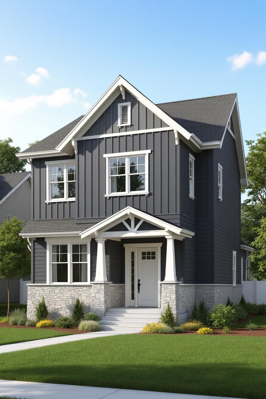 Dark gray craftsman house with white trim and stone base, nestled in neat greenery