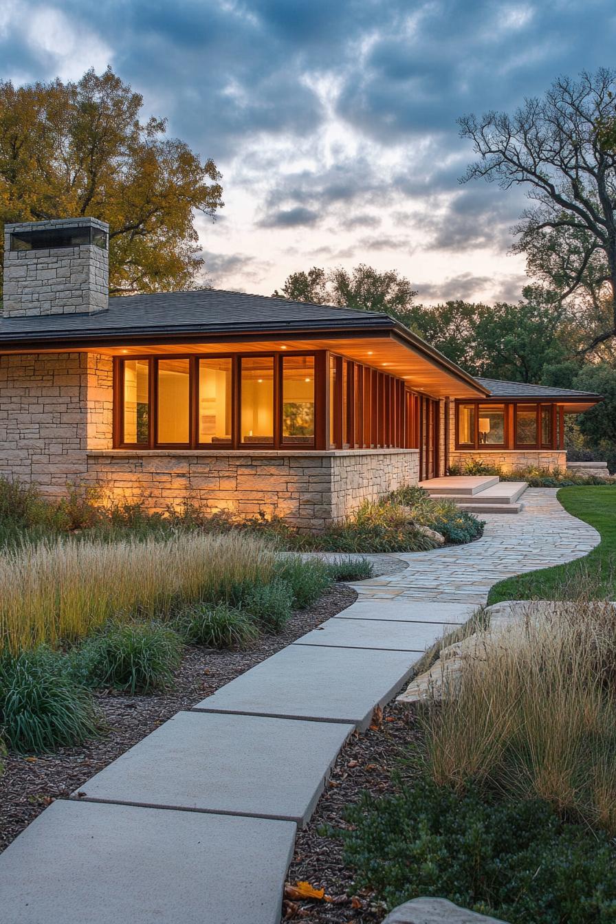 Stone ranch house with large windows and a winding path