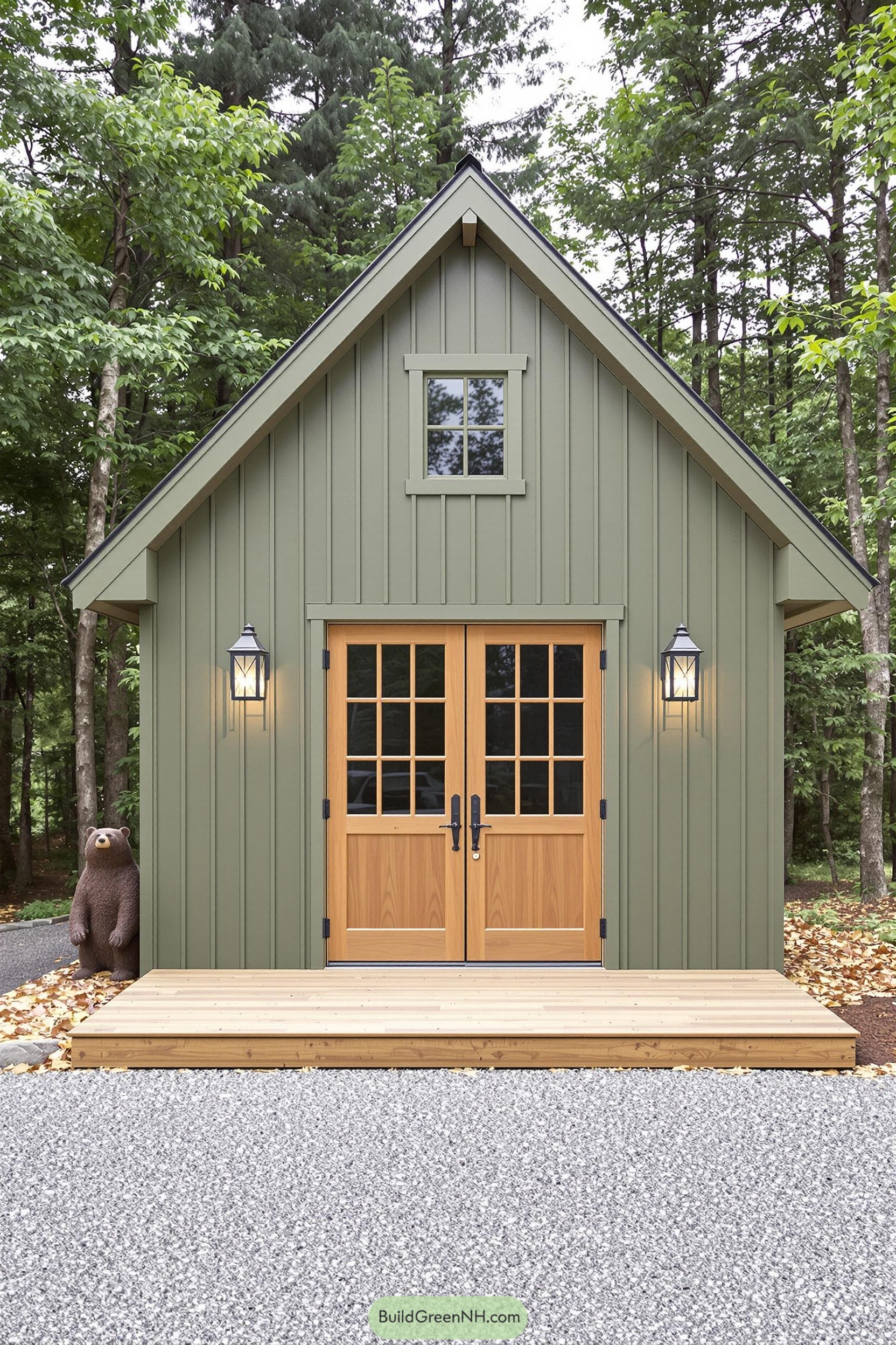 Green craftsman shed with wooden doors and bear statue