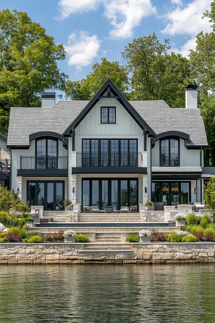 Elegant lakeside house with stone patio and lush greenery