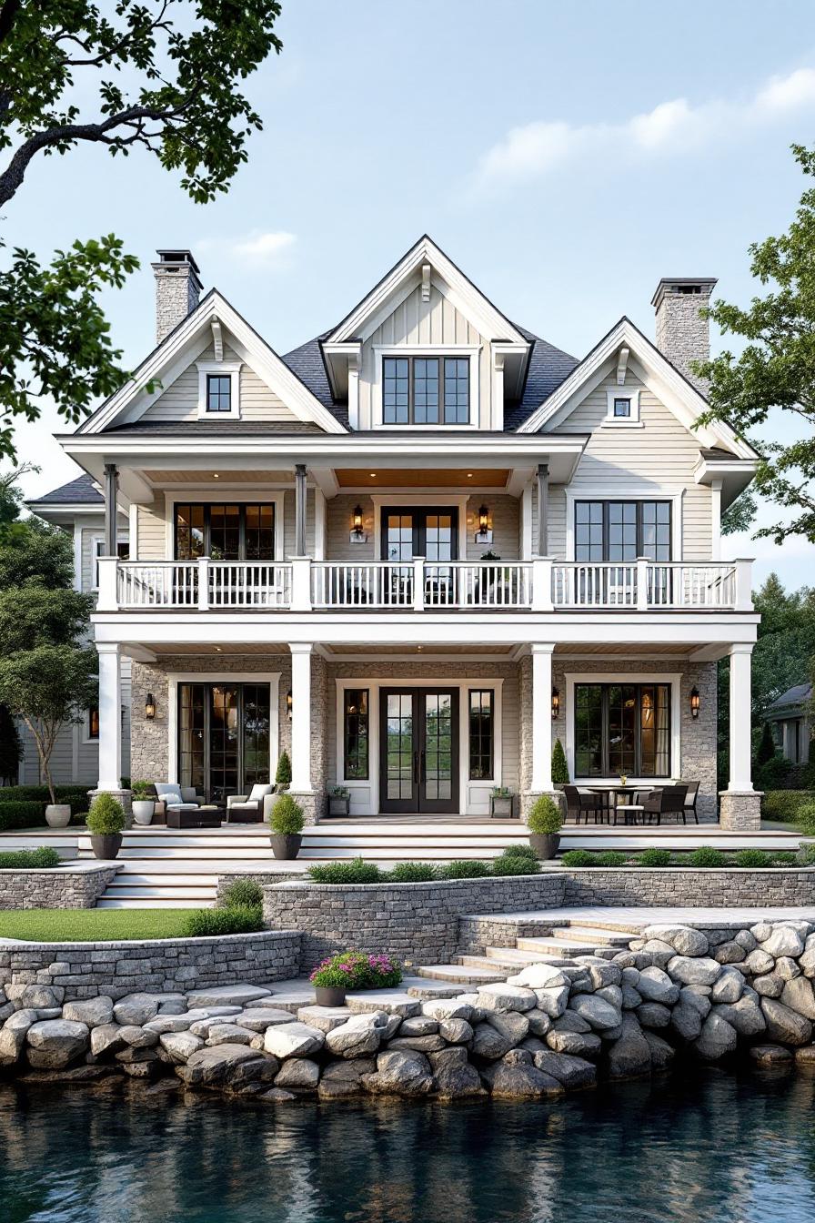 Lakehouse with white siding, large windows, and a stone staircase leading to the water