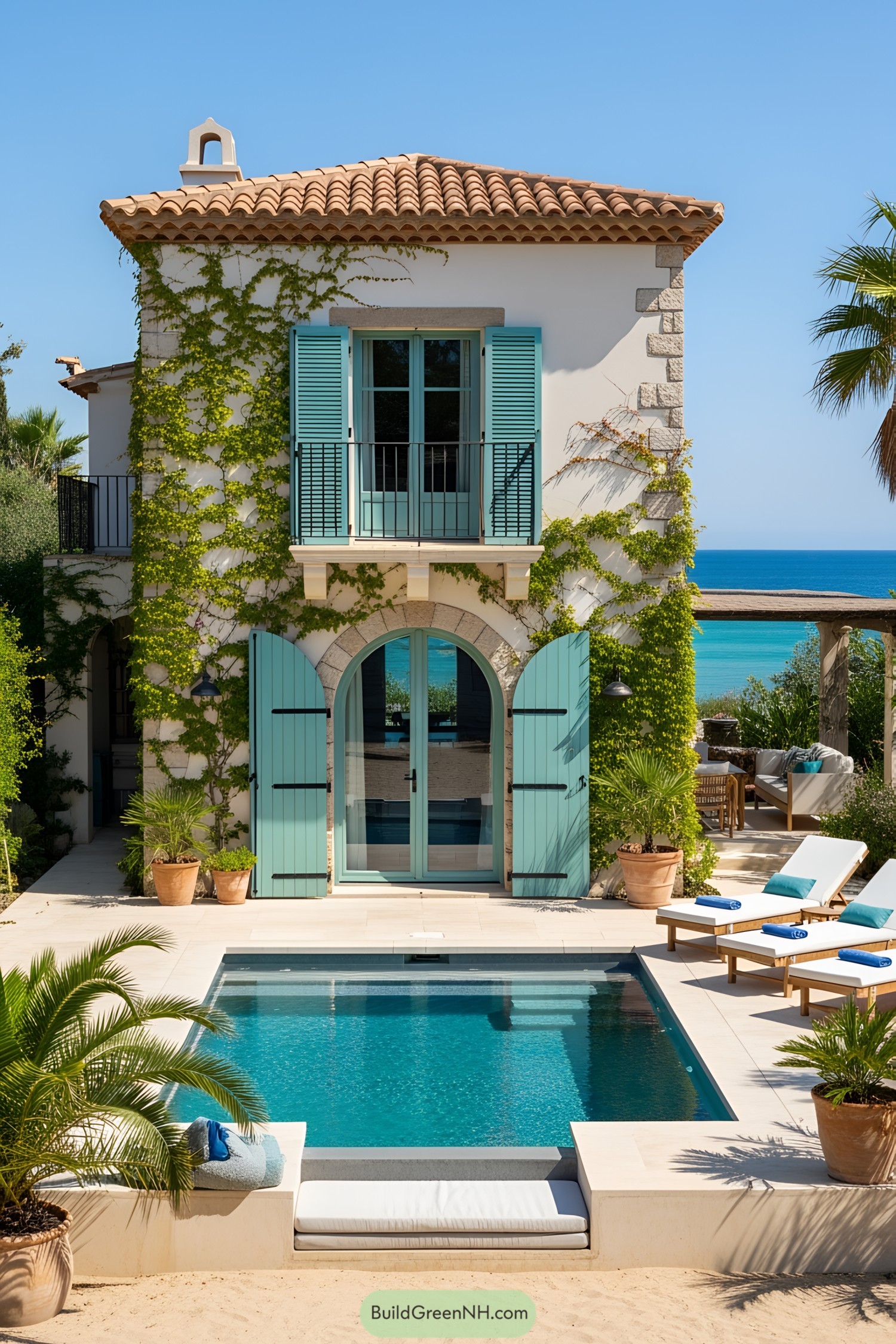 Mediterranean beach house with pool and lush surroundings
