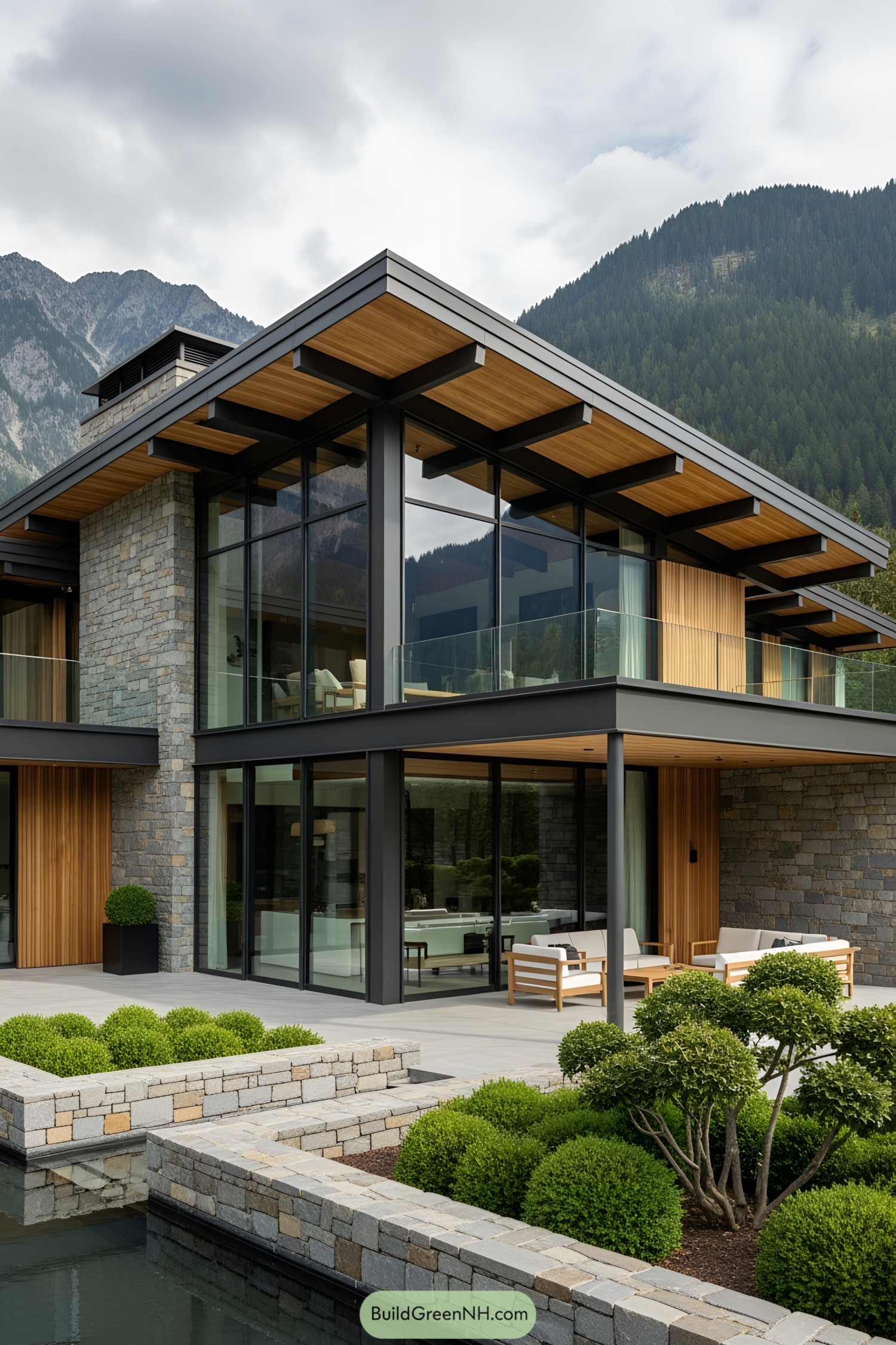 Modern villa with expansive glass façade and stone elements