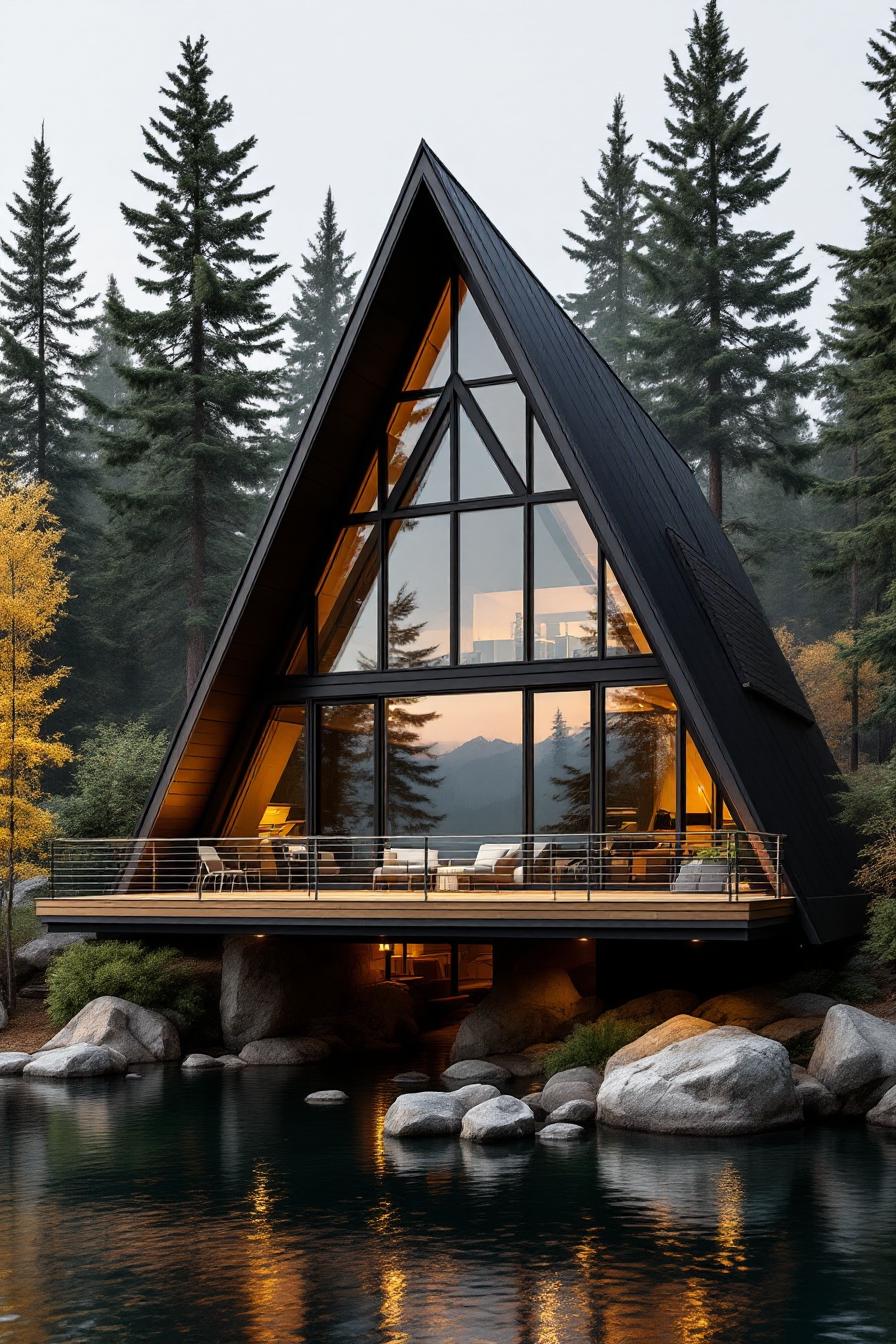 A-frame cabin by a tranquil river surrounded by trees