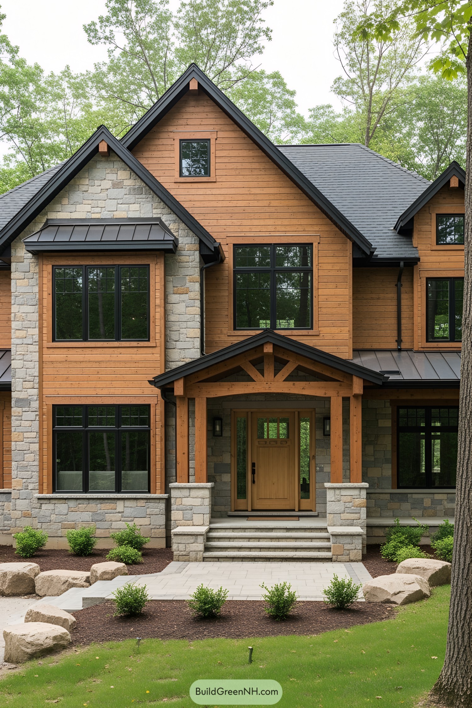 Wood and stone rustic house with large windows