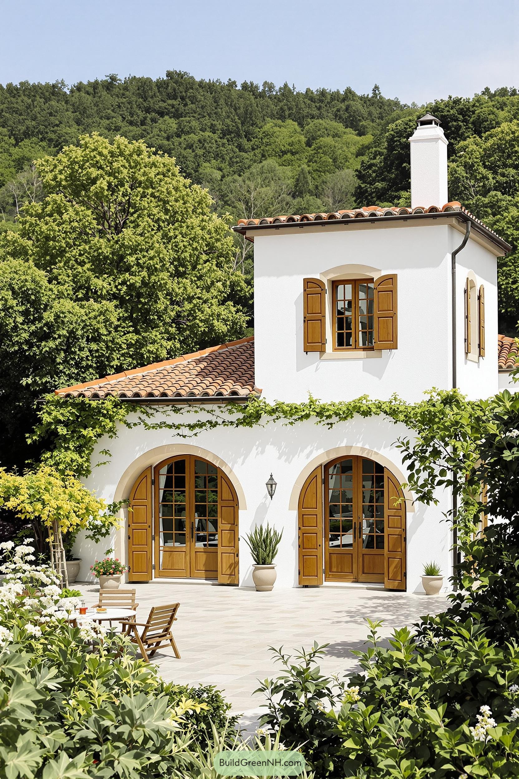 White Tuscan villa with terracotta roof and lush greenery