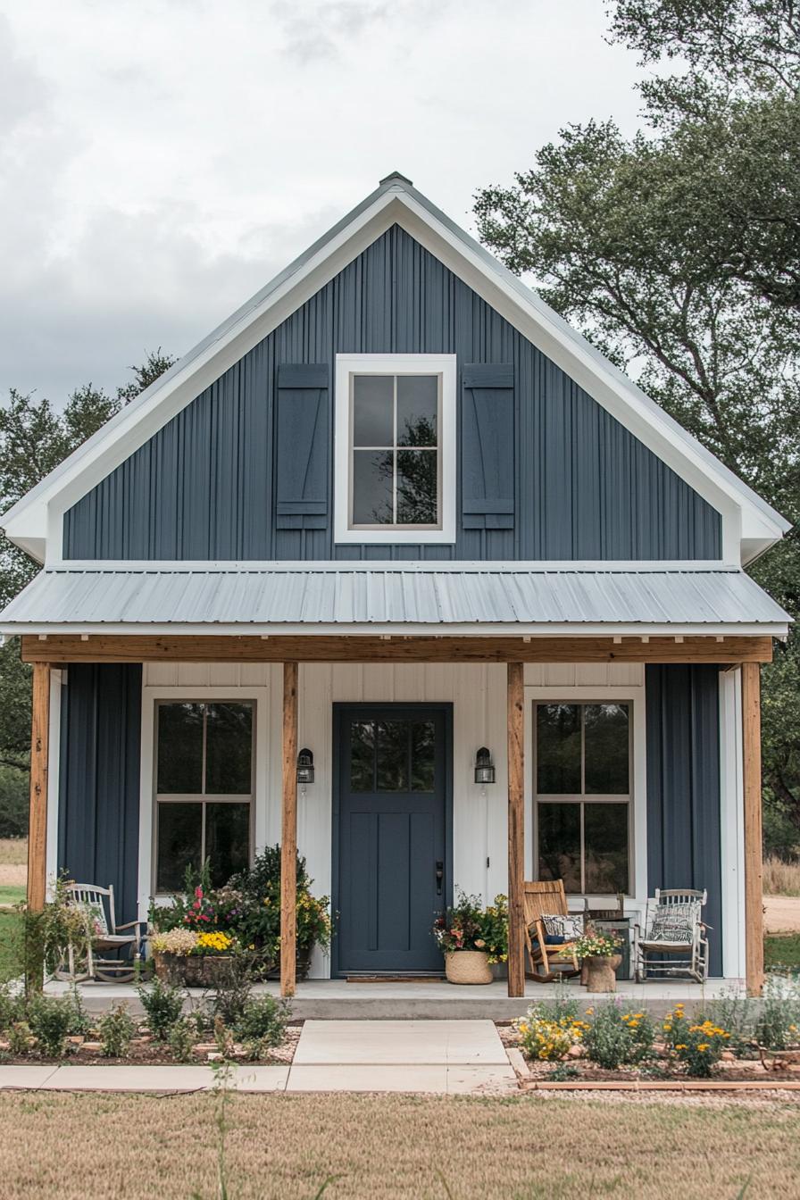 Small barndominium with blue facade and welcoming porch