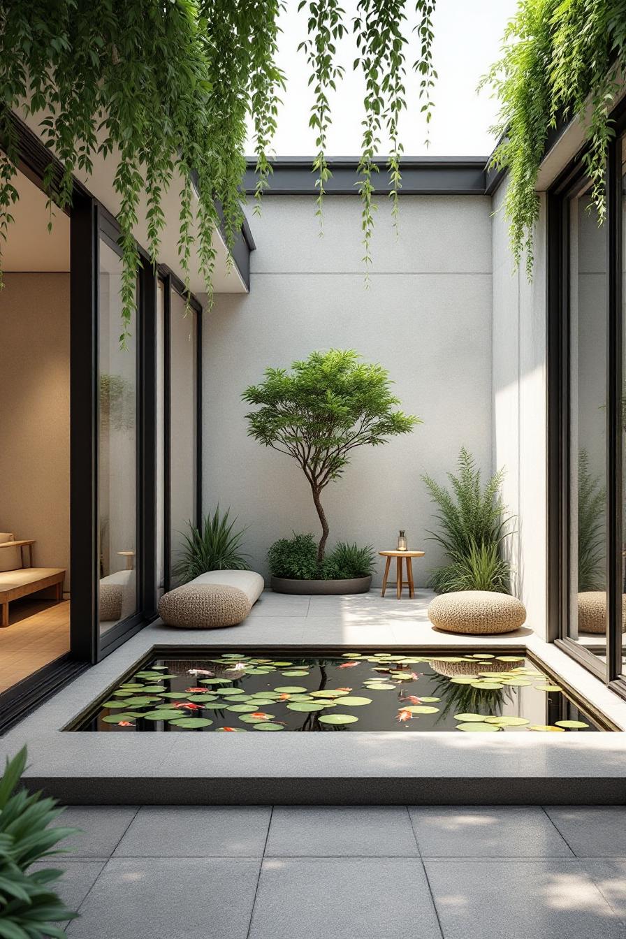Small courtyard with a koi pond and greenery