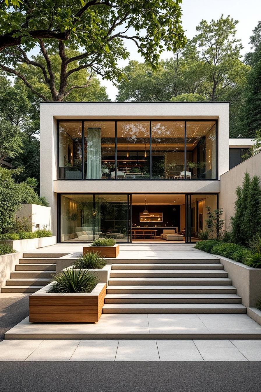Sunken courtyard with modern home and lush greenery