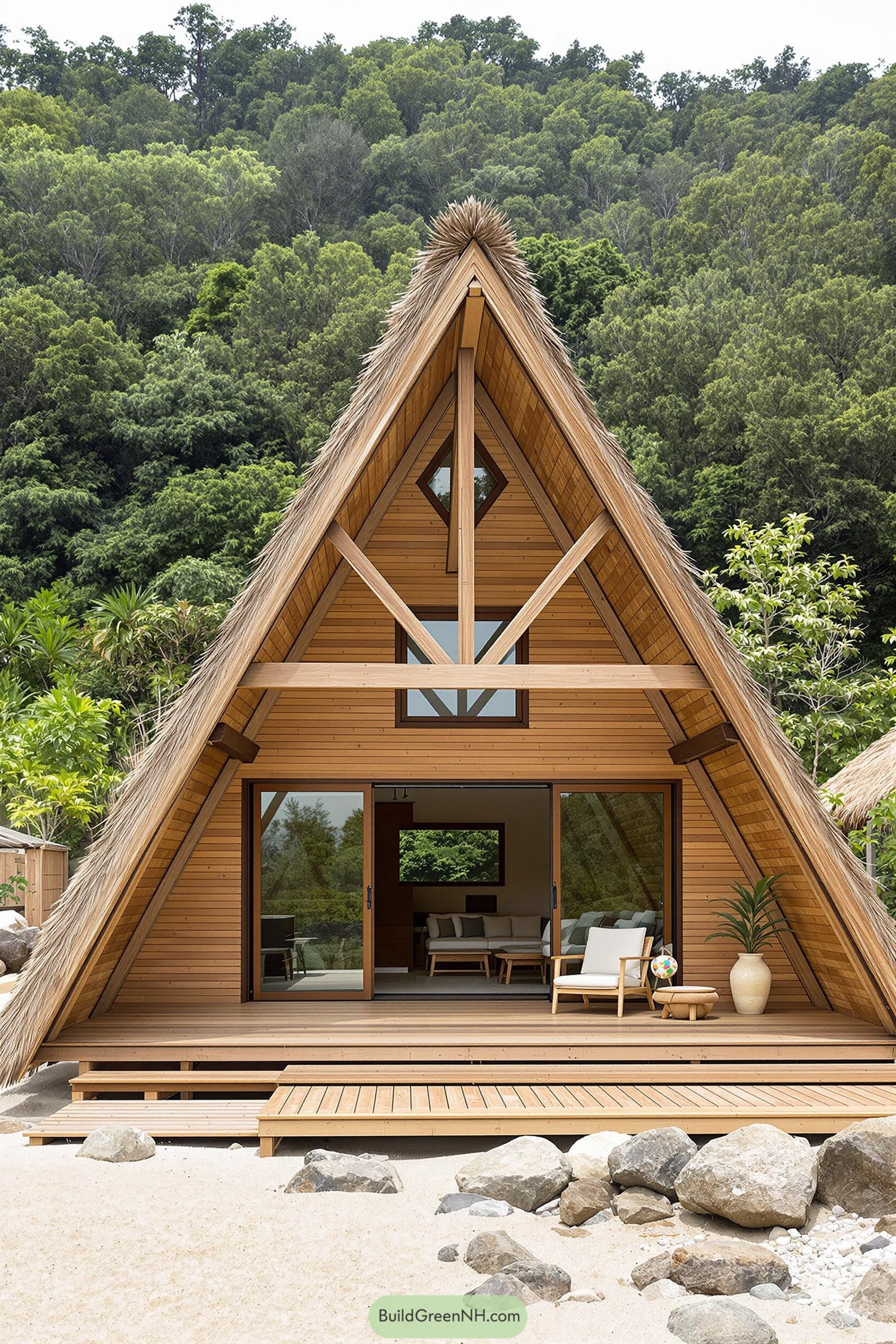 A-frame cabana nestled by lush greenery