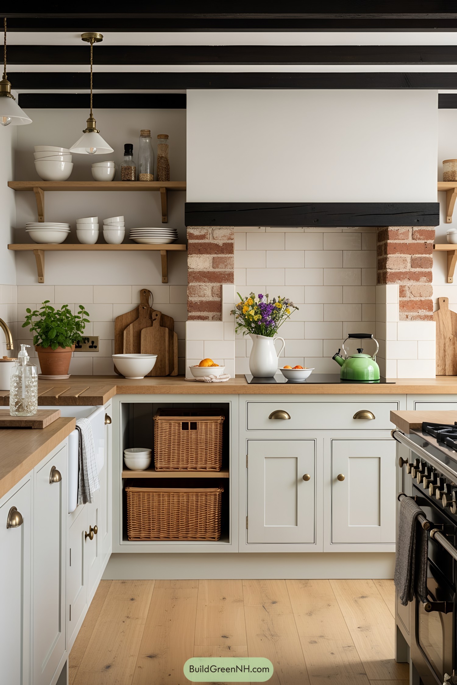 Cozy country kitchen with wooden shelves and brick accents