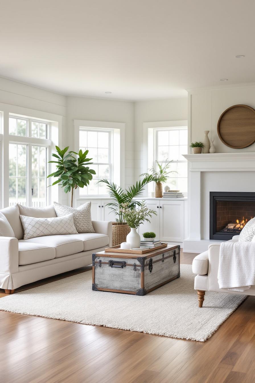 Bright living room with white sofas, plants, and a wooden trunk table