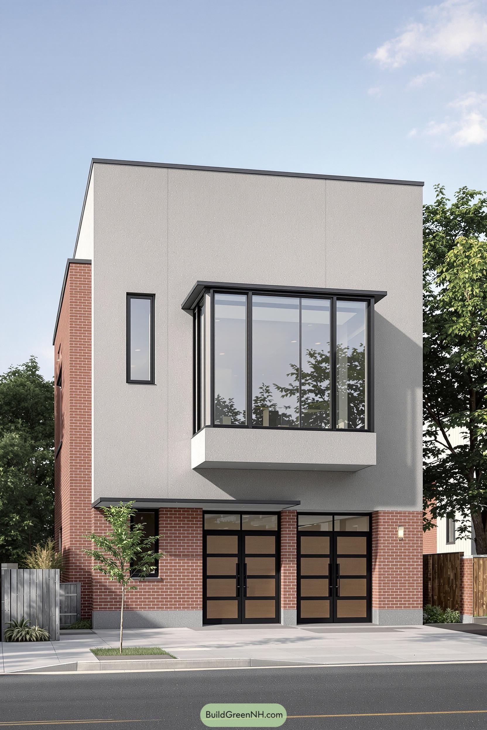 Two-story industrial facade with large windows and brick elements