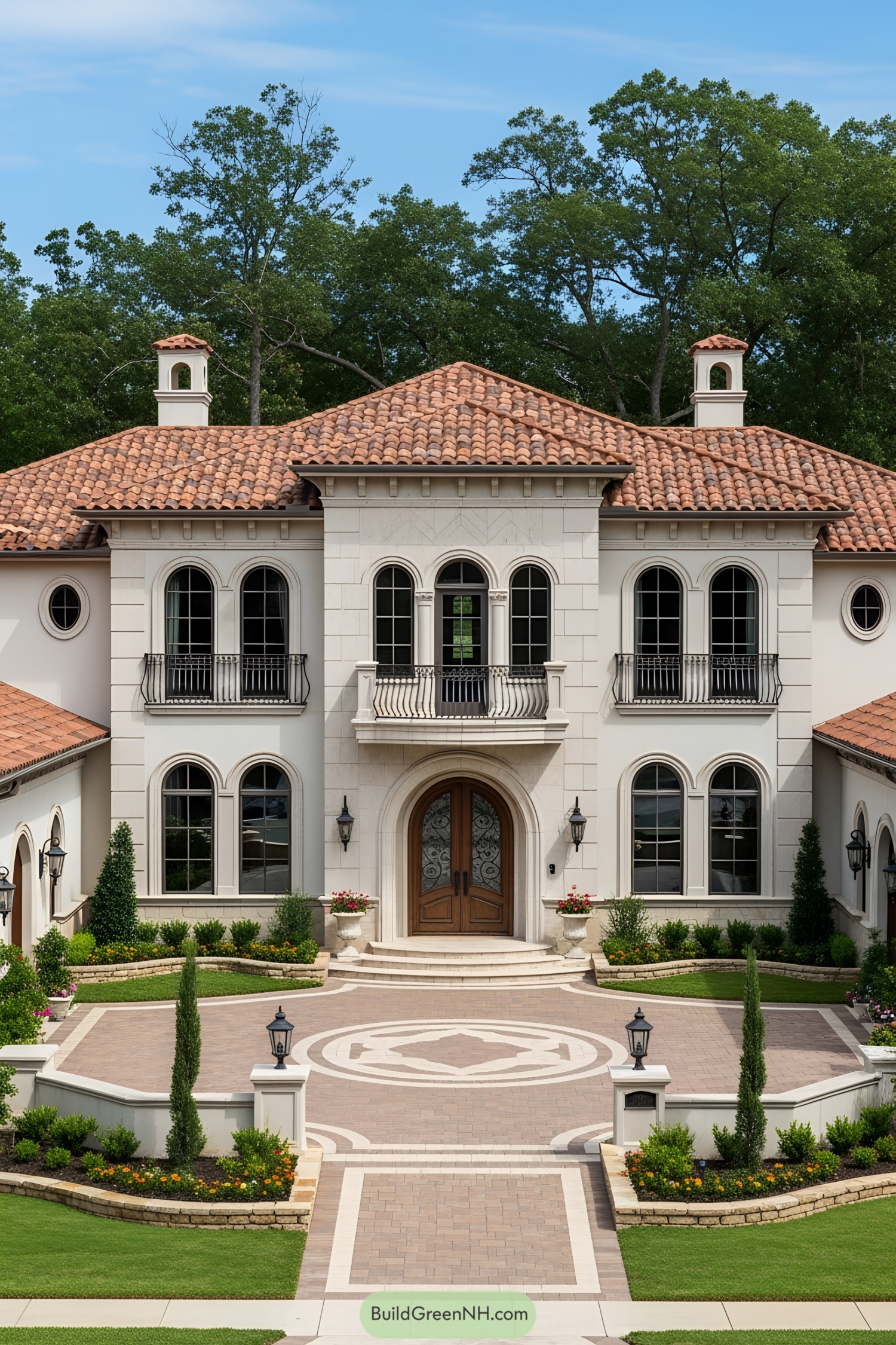 Elegant Mediterranean home with terracotta roof and arched windows