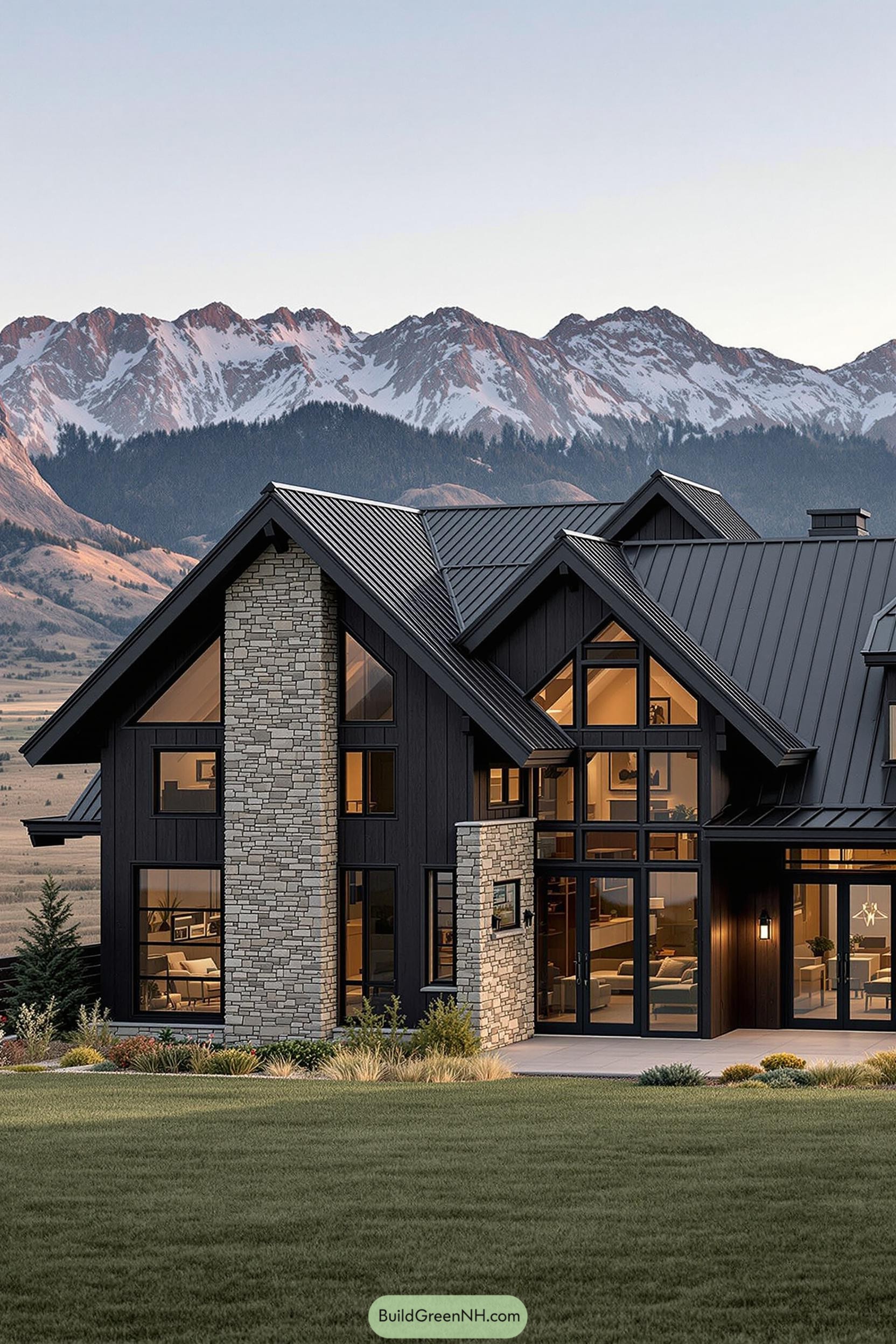 Contemporary ranch house with mountains in the background