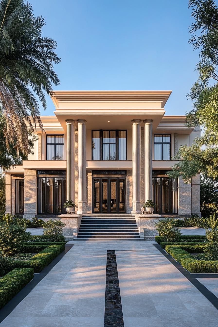 Luxurious villa entrance with grand columns and lush gardens