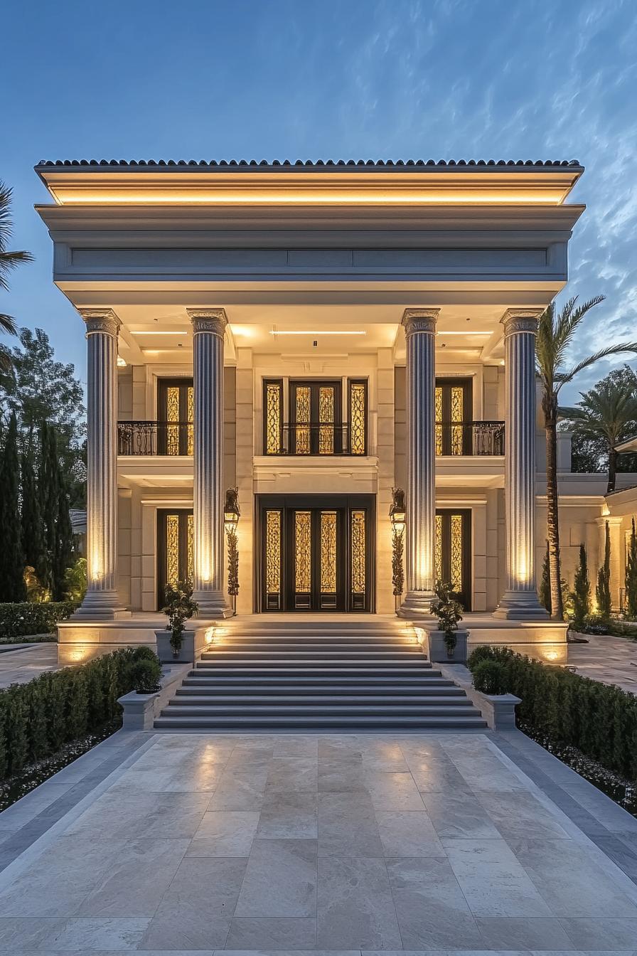 Grand villa entrance with illuminated columns