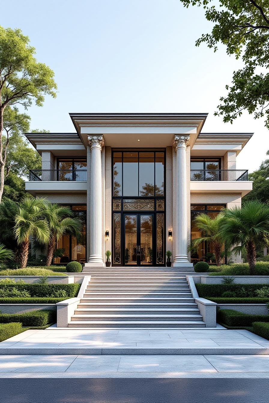 Grand entrance of a luxury villa with towering columns and lush greenery